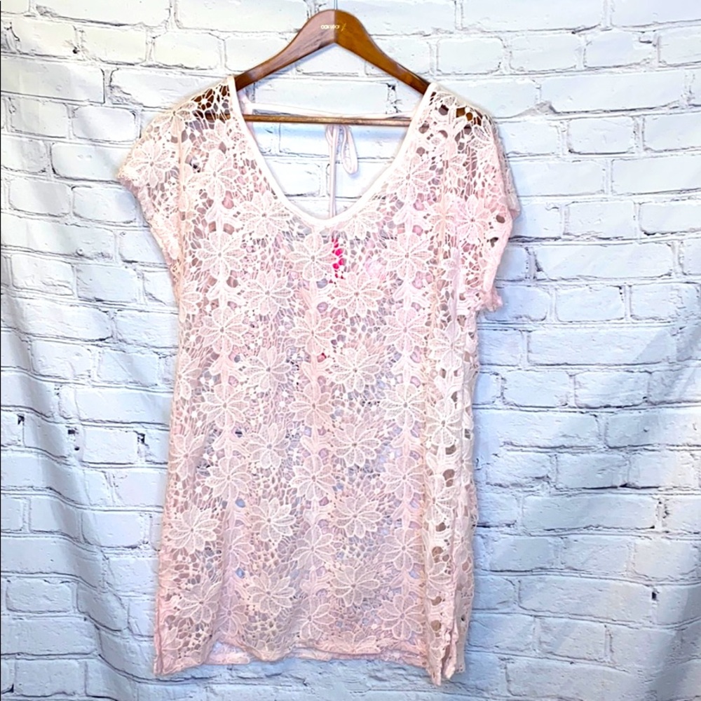 Xhilaration Pink Crochet Lace Tassel Swim Cover-Up